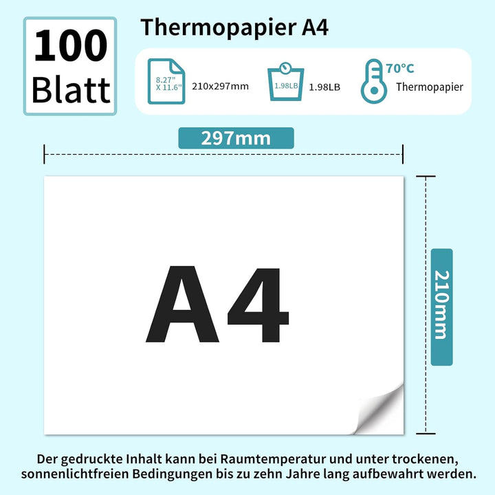 Thermopapier A4 für Tragbaren Drucker M08F/ M832/ Q302/M834, kompatibel mit Brother, Phomemo M08F, H
