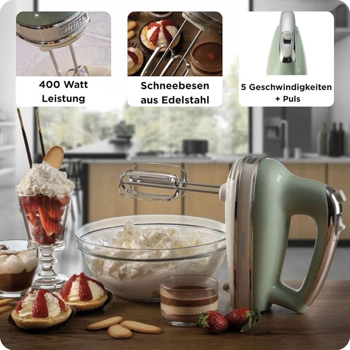 Ariete 1548 Handmixer Vintage, 450 W, 5 Geschwindigkeiten, Turbo-Funktion, 2 Schneebesen, Grün