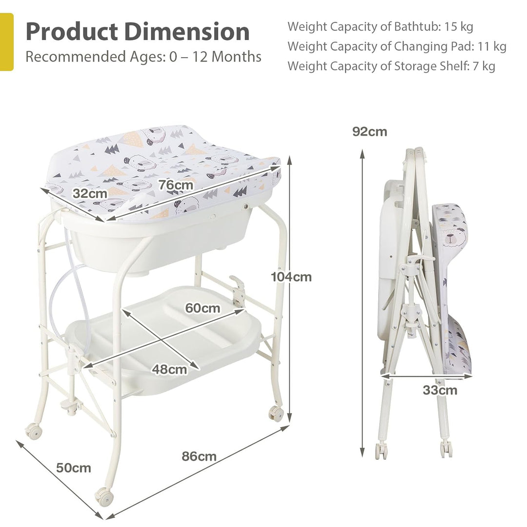 LIFEZEAL Wickeltisch mit Badewanne, 2 in 1 Flatbare Bade-Wickelkombination auf Räder, Badewannenaufs