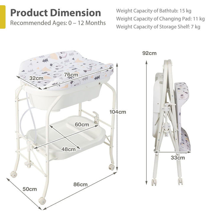 LIFEZEAL Wickeltisch mit Badewanne, 2 in 1 Flatbare Bade-Wickelkombination auf Räder, Badewannenaufs