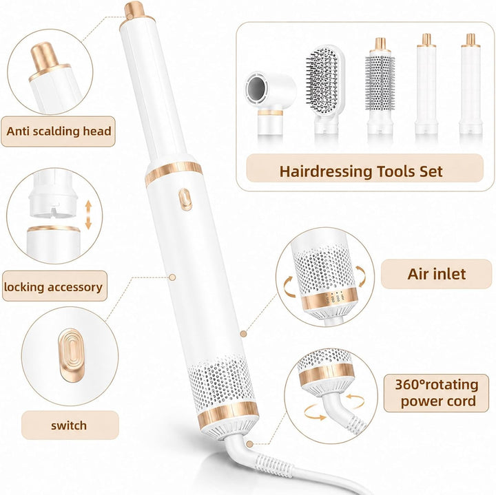 5 in 1 Hairstyler Warmluftbürste mit Aufsätzen - Rotierende Lockenbürste Elektrisch, Föhn Rundbürste