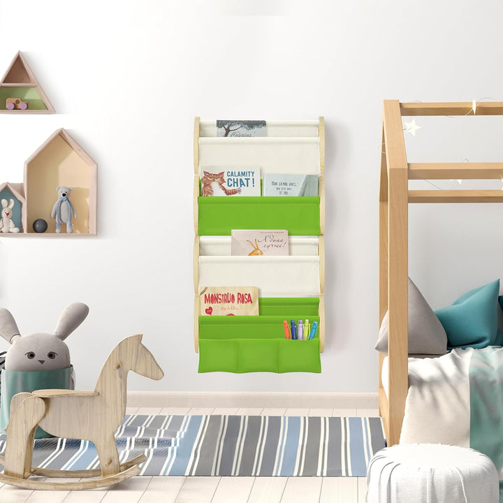 Bücherregal Kinder Wand Kinderbücherregal Montessori mit 4 Ablagen & 3 Taschen Kinderregal Wandregal