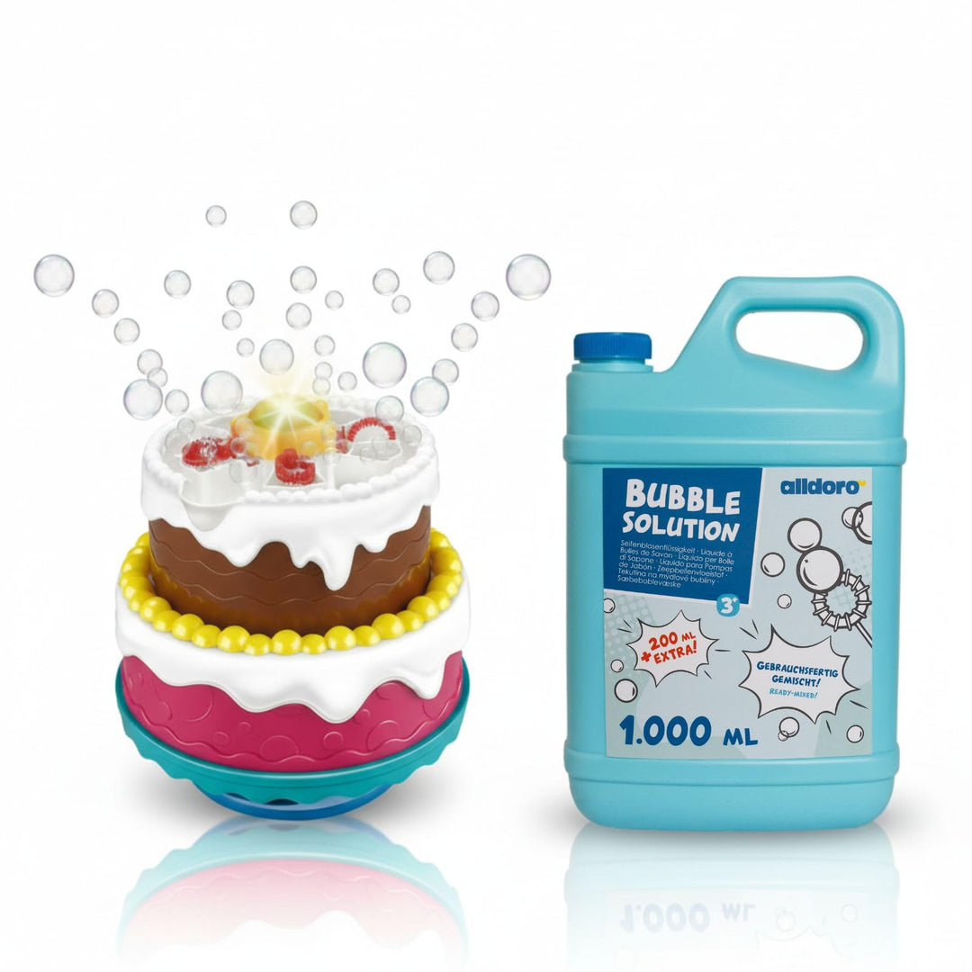 alldoro 68707 2-in-1 Seifenblasen-Set, Seifenblasenmaschine Torte mit Licht &amp; Sound &amp; Seifenblasen-F