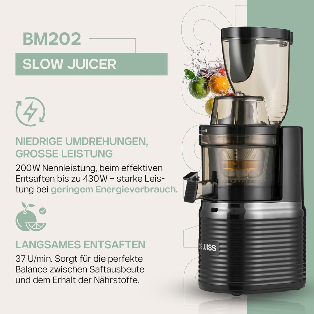 4Swiss Entsafter Saftpresse Elektrisch für Gemüse Obst Slow Juicer Machine mit Einfüllschacht - Kalt