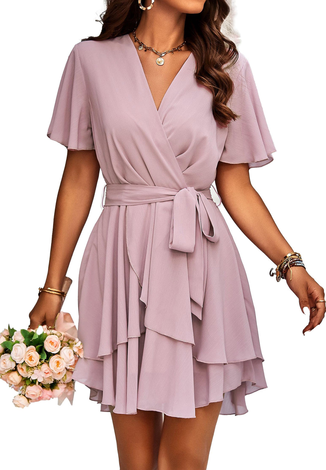 Jiraewh Damen Chiffon Kurz Kleid V-Ausschnitt Kurzarm Sommerkleid Tunika Kleider Einfarbig Elegant R