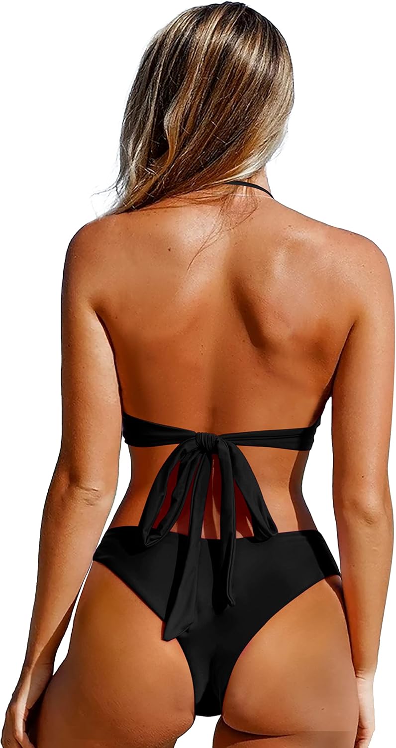 RXRXCOCO Sexy Brazilian Bikini Damen Set Triangel String Oberteil Bikini Set Tanga Bademode S Schwar