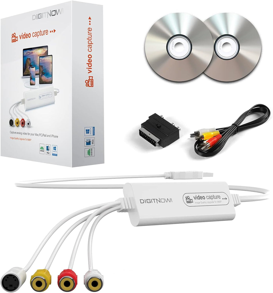 DIGITNOW! USB 2.0 Video Capture Card,VHS VCR TV zu DVD Converter,Unterstützung für Mac OS X PC Windo