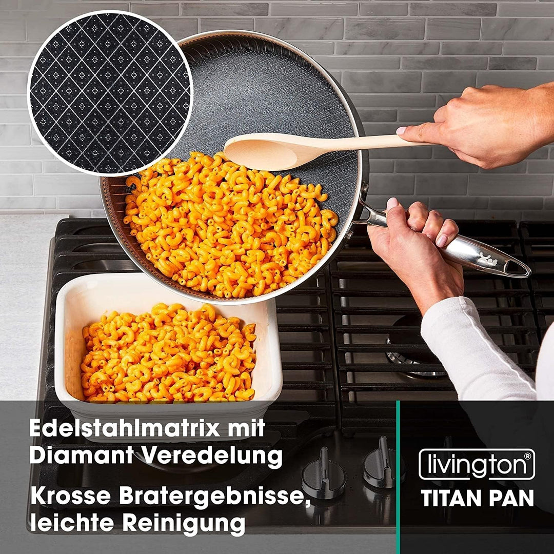 LIVINGTON Titan Pan - Grosse Pfanne mit Deckel 28 cm - hohe Servierpfanne - Hochrandpfanne mit Diama
