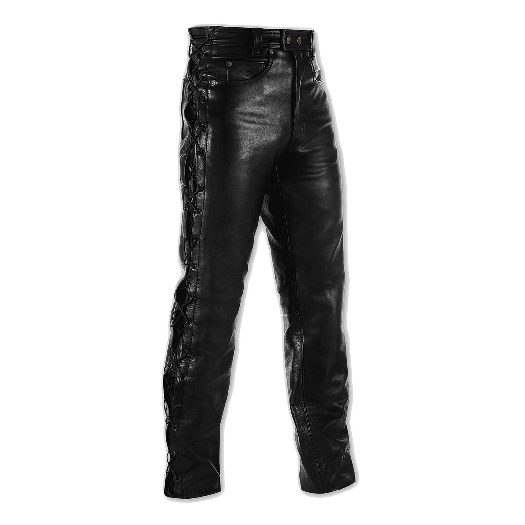 A-Pro Mens Motorcycle Motorbike Biker Leather Trousers Jeans Laces Cruiser Black 36