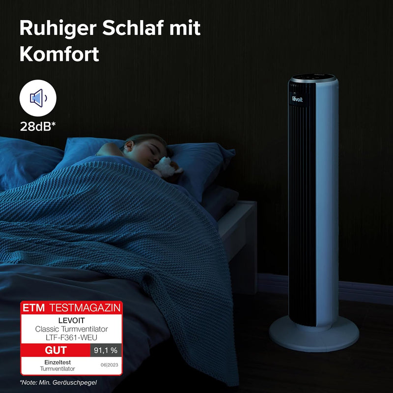 LEVOIT 28dB leiser Turmventilator mit Fortschrittlichem Schlafmodus,7m/s Ventilator mit Fernbedienun