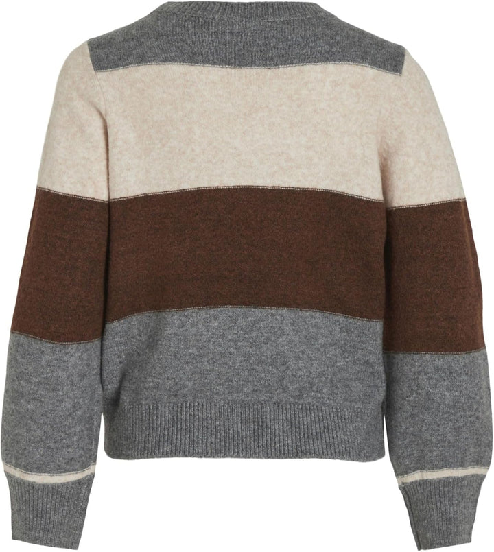 Vila Damen Viellie O-Neck L/S Stripe Knit Top Strickpullover M Grau, M Grau