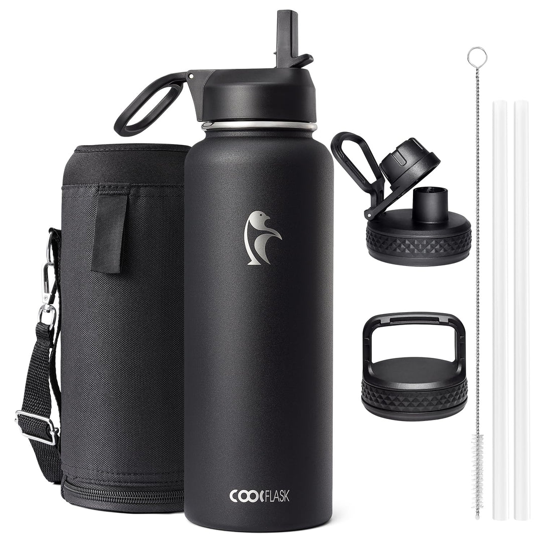 Coolflask 1180ml Isolierte Wasserflasche mit Strohhalm und 3 Deckeln, Metallwasserflasche für Sport