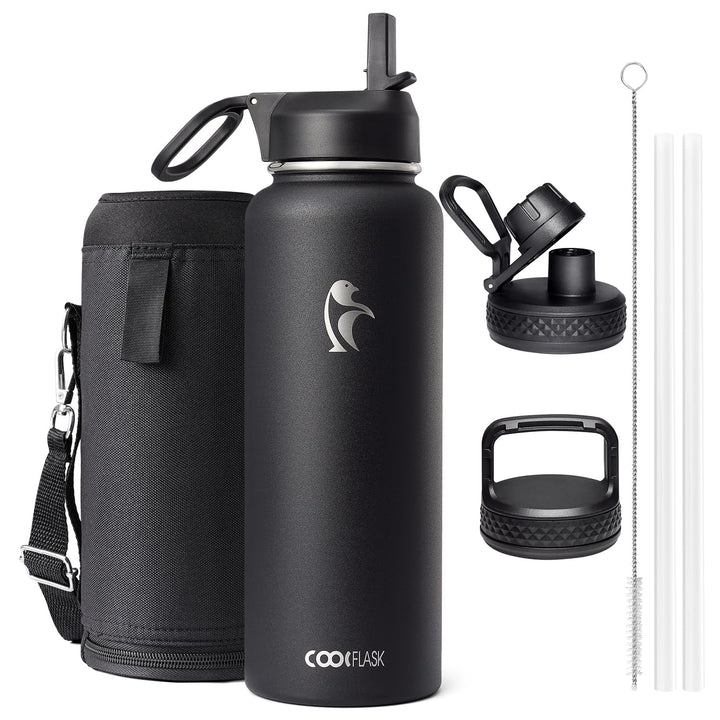Coolflask 1180ml Isolierte Wasserflasche mit Strohhalm und 3 Deckeln, Metallwasserflasche für Sport