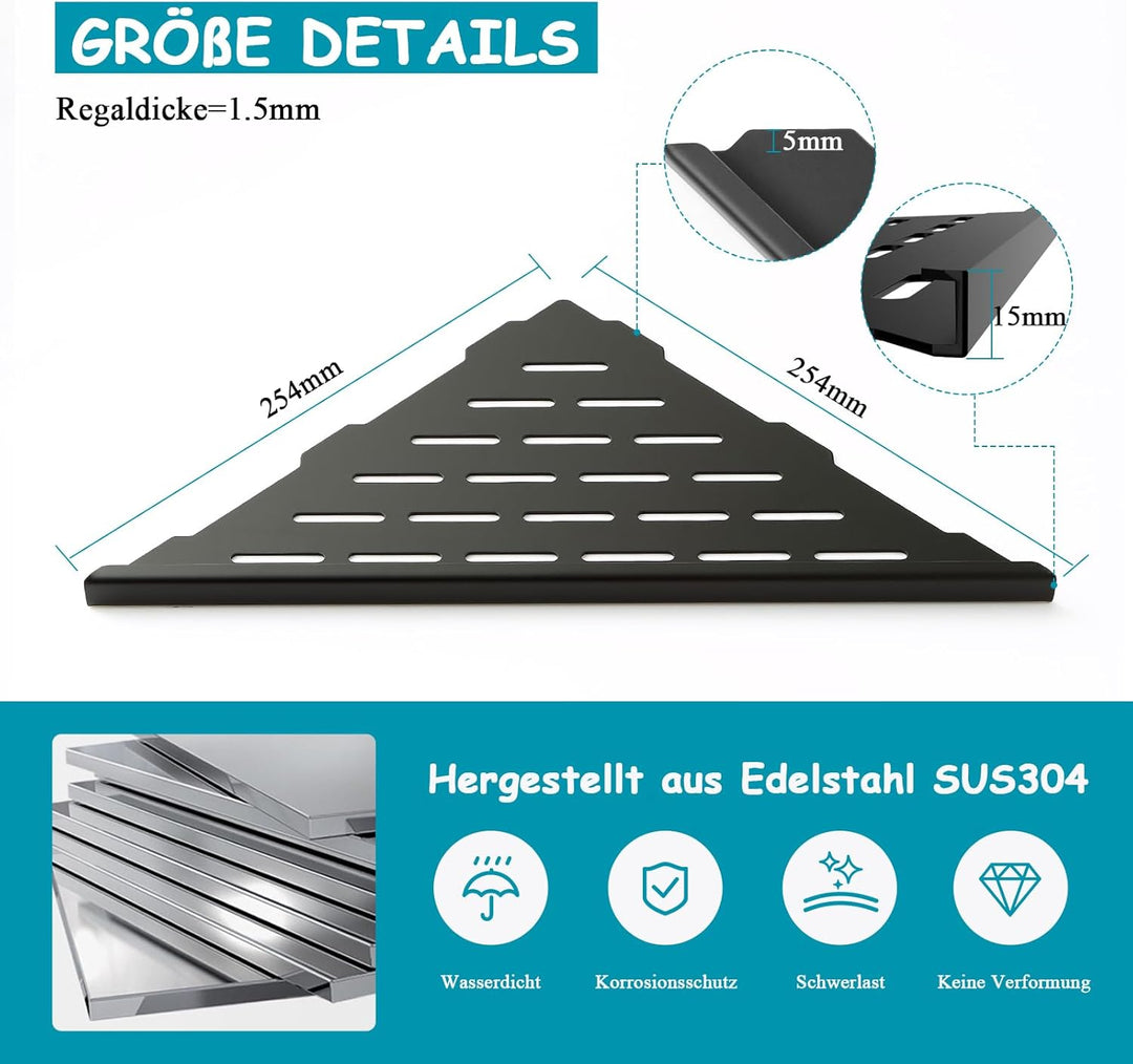 Eck-Duschregal Schwarz 304 Edelstahl Versenktes Eckregal 254 mm, Wandregal für Geflieste Wände Dreie
