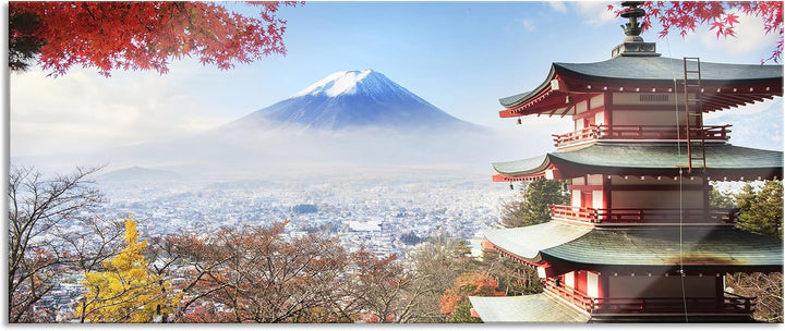 Pixxprint Glasbild Panorama, Wandbild aus Echtglas, Japanischer Tempel im Herbst, 100x40 cm, inkl. A