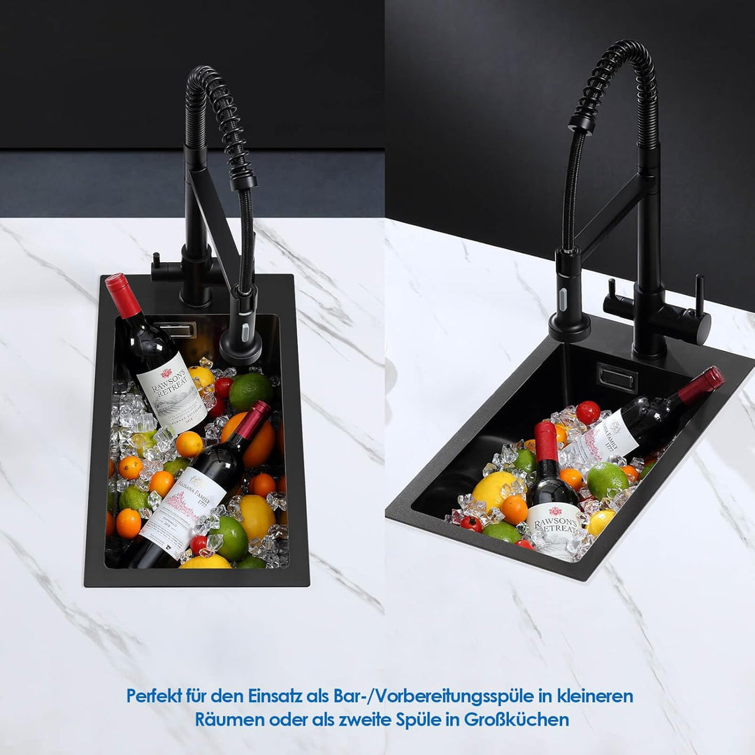 ROVOGO Küchenspüle Schwarz 50 x 28 cm, Edelstahl Spülbecken Küche mit Armaturloch, Ablaufgarnitur un