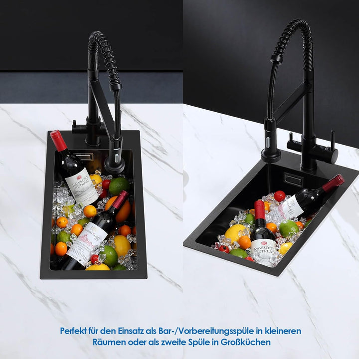 ROVOGO Küchenspüle Schwarz 50 x 28 cm, Edelstahl Spülbecken Küche mit Armaturloch, Ablaufgarnitur un