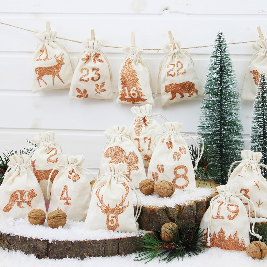 Papierdrachen 24 Adventskalender Stoffsäckchen zum Befüllen - mit Glitzerdruck - Stoffbeutel zum sel