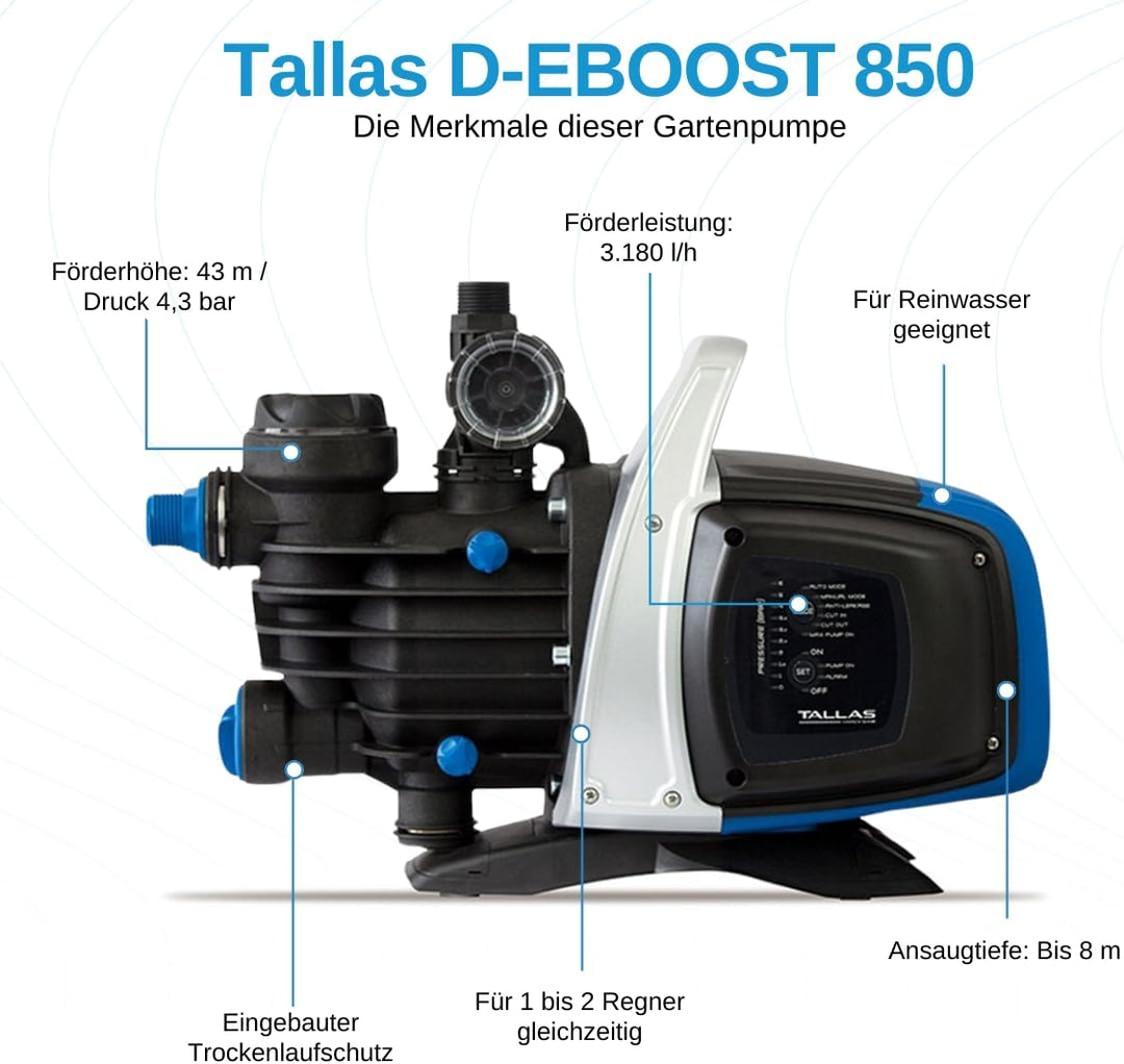 Tallas Hochwertige automatische Bewässerungspumpe D-EBOOST 850/45 850 W, 3,2 m³/h, max. 8 m, Blau