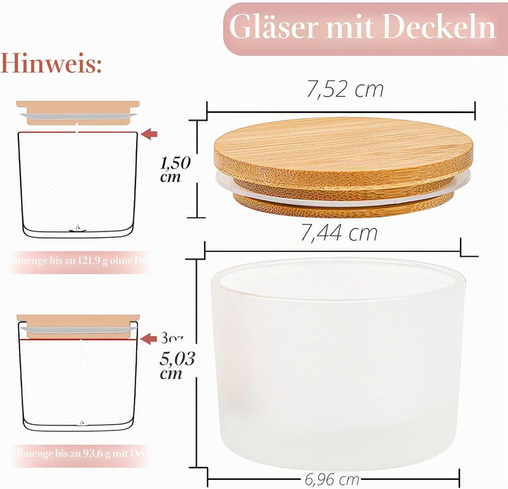 CONNOO 15 Stück 120 ml Frostige Glas-Kerzengläser mit luftdichten Bambusdeckeln zum Kerzenmachen, kl