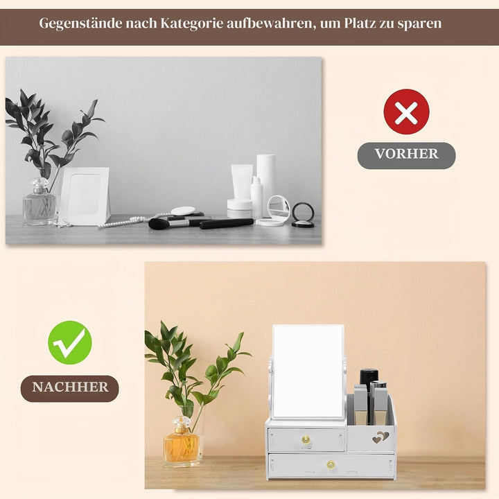 LEcylankEr Schminktisch Organizer mit 360° Spiegel und Schublade, Kosmetik Organizer aus PVC Weiss,