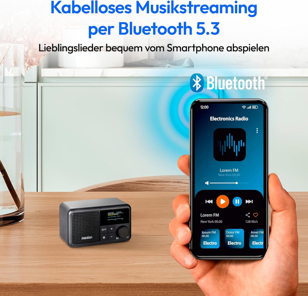 MEDION S66822 Tragbares Mini DAB+ Radio mit Bluetooth (Akku, dimmbares Farbdisplay, Teleskopantenne,