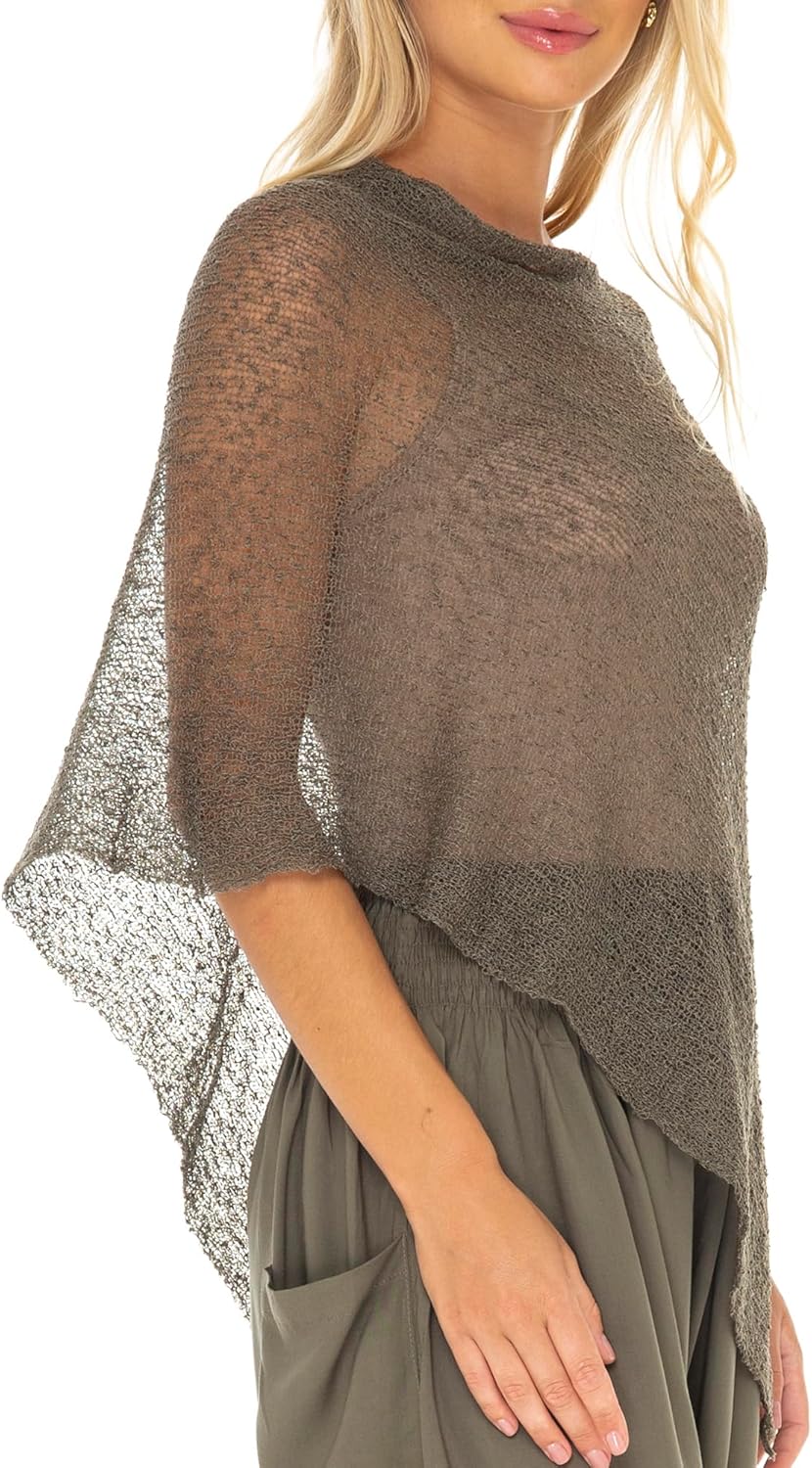 SHU-SHI - Damen Poncho-Top - transparent - leichtes Strickmaterial Olivgrün, Olivgrün