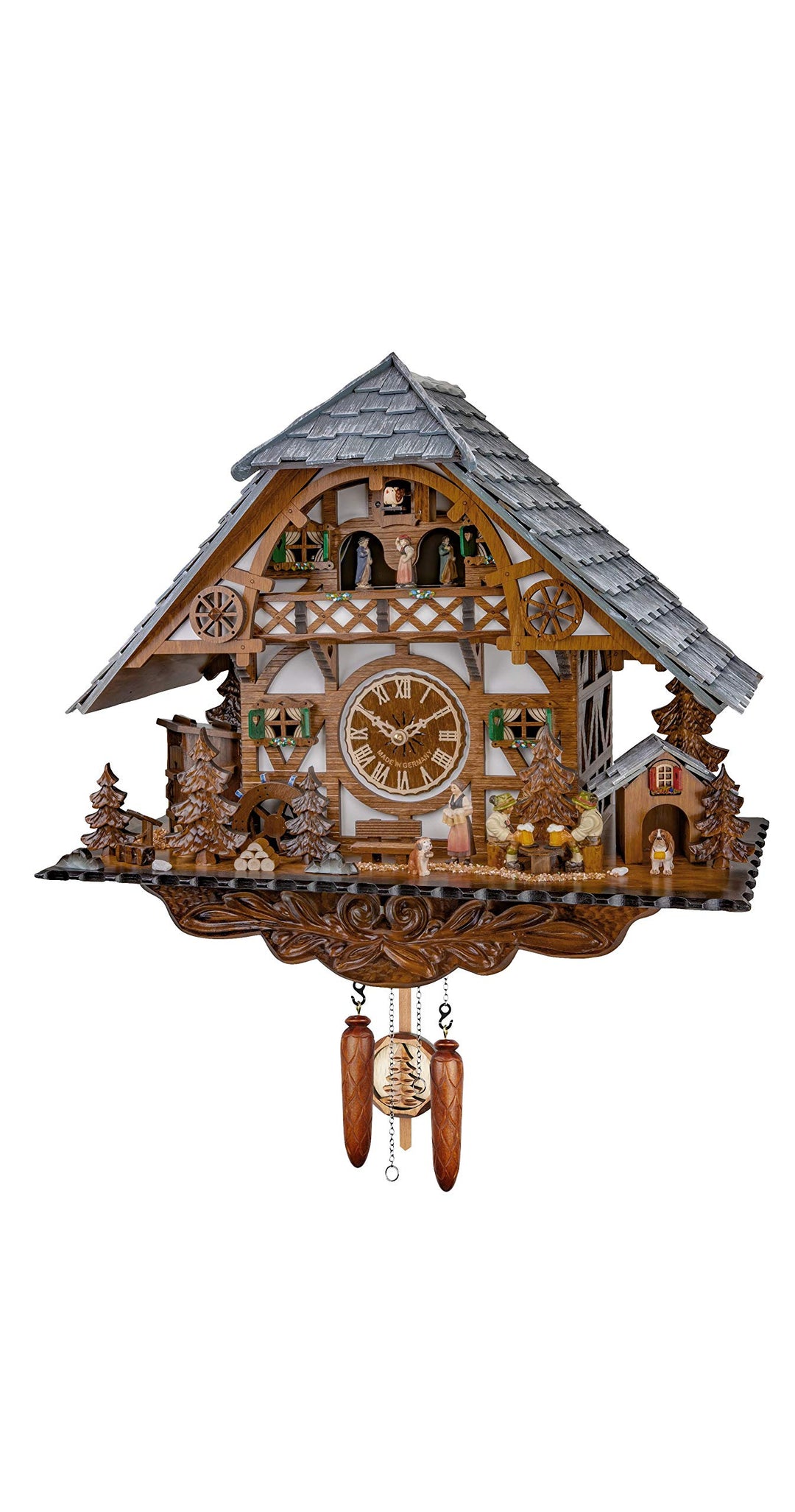 Engstler Quarz Kuckucksuhr mit Musik Schwarzwaldhaus mit beweglichen Biertrinkern und Mühlrad