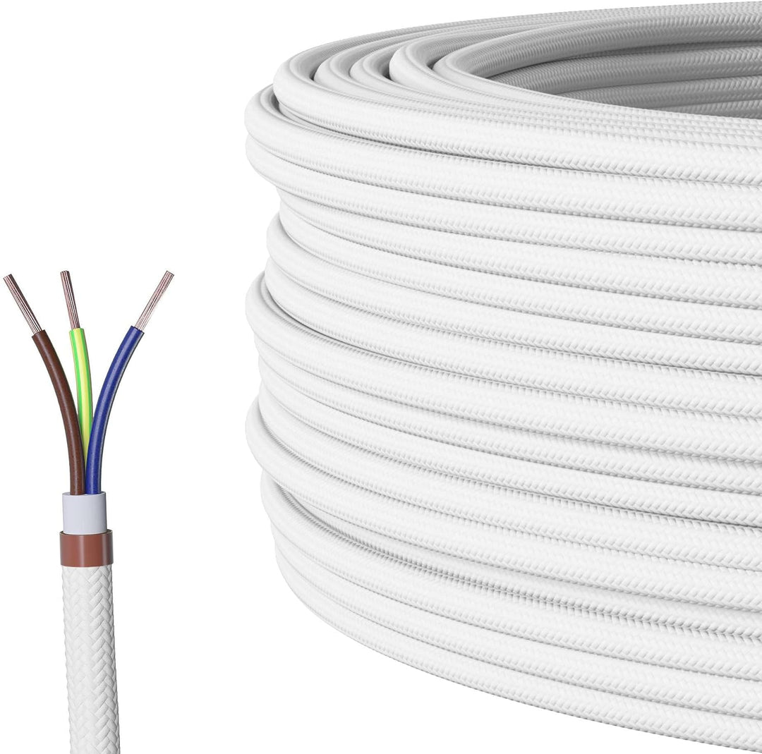 Textilkabel für Lampe, Stoffkabel 3-adrig (3x0,75mm²), Weiss - 5 Meter 5 Meter Weiss, 5 Meter Weiss