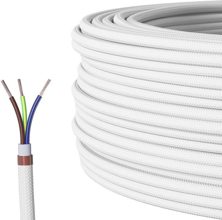 Textilkabel für Lampe, Stoffkabel 3-adrig (3x0,75mm²), Weiss - 5 Meter 5 Meter Weiss, 5 Meter Weiss