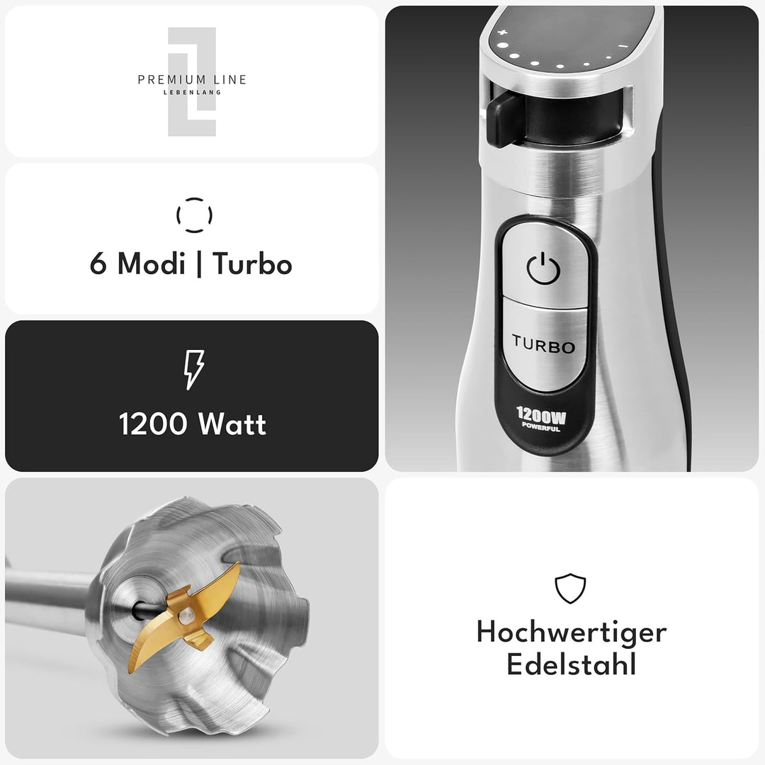 LEBENLANG Premium 1200W Stabmixer Set - Inkl. 5x Zubehör & Spritzschutz I Stufenlos verstellbar & Tu