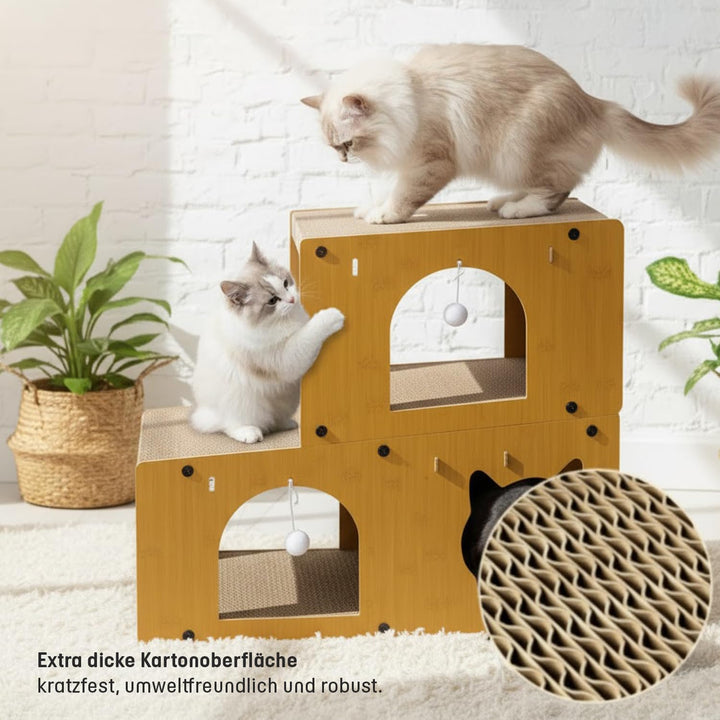 Katzen TV-Möbel, Holzdesign in Gelb, Kratzfläche mit Katzenhöhlen, Modernes Katzenspielzeug für Wohn