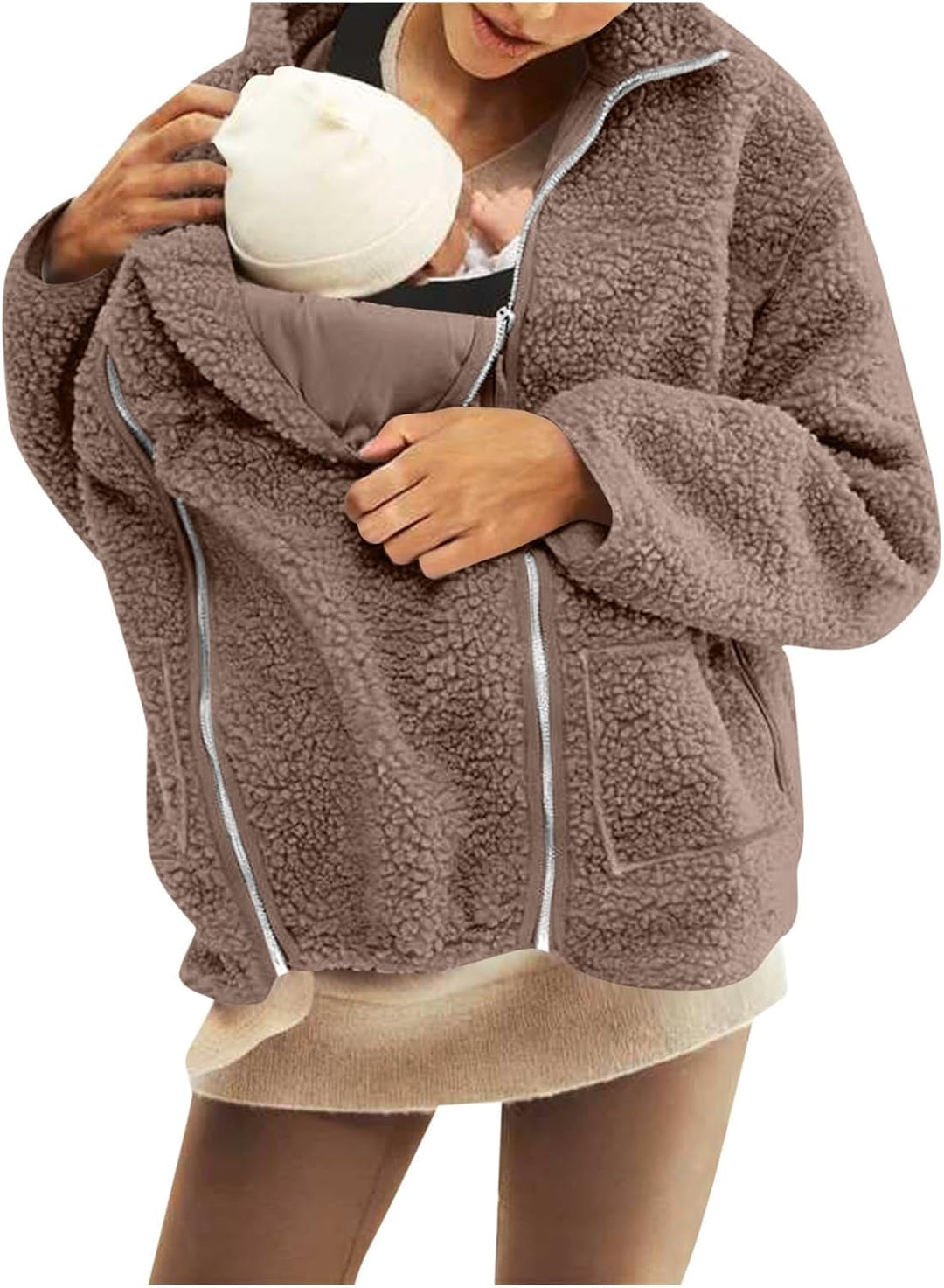 SYDUZAX Umstandsjacke mit Babyeinsatz Warm Teddy Fleecejacke Umstands Baumwolljacke Winter Umstandsm