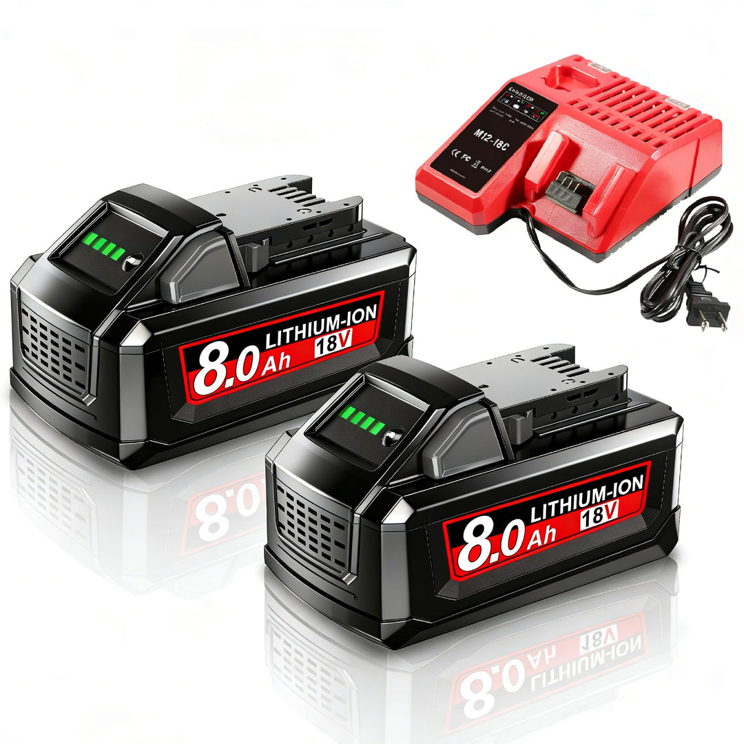 2X 18V 8.0Ah/8000mAh Ersatzakku für Milwaukee M18 + 4A Ladegerät Kompatibel für Milwaukee 18V Akku M