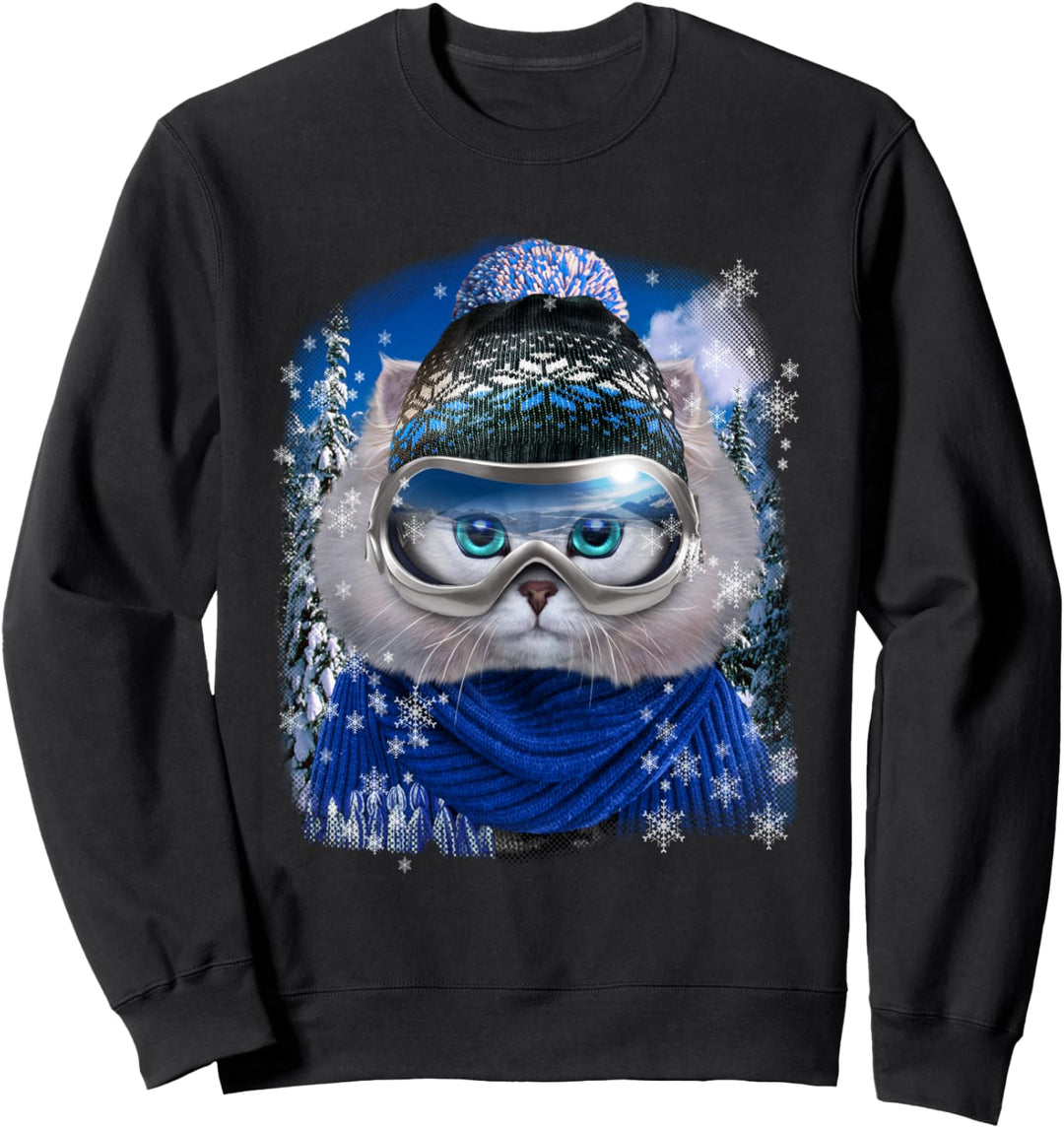 Weisse Katze, die Wintersportbekleidung trägt Sweatshirt