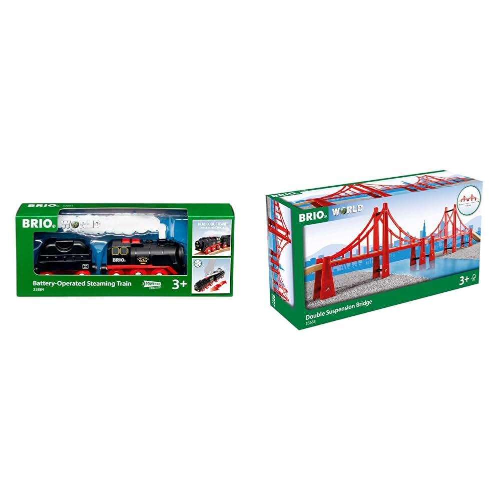 BRIO World 33884 Batterie-Dampflok mit Wassertank &amp; World 33683 - Hängebrücke - Eisenbahnzubehör für