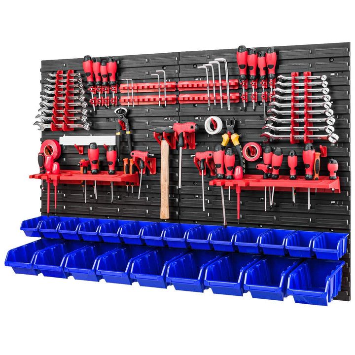 PAFEN Werkzeugwand Stapelboxen - 1152 x 780 mm - Lagersystem SET Werkzeughaltern und 23 Blau Boxen -