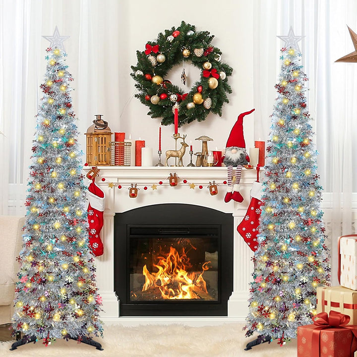 HMASYO 180 cm Pop-Up Lametta Weihnachtsbaum mit 100 Timer-Lichter und Fernbedienung, Zusammenklappba