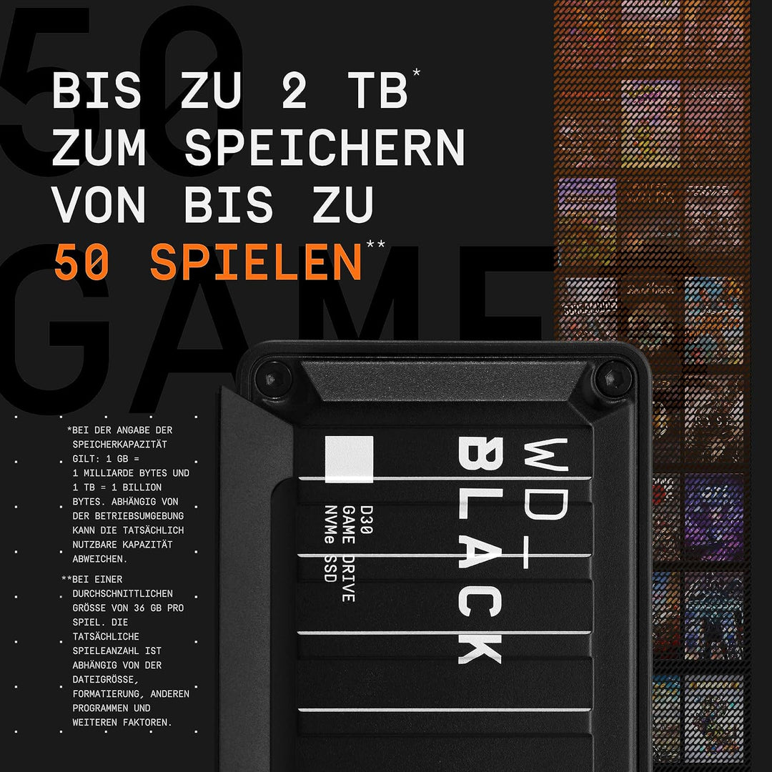 WD_BLACK D30 Game Drive SSD 500 GB (Übertragung mit 900 MB/s, USB Typ-C zu Typ-A Kabel) kompatibel m