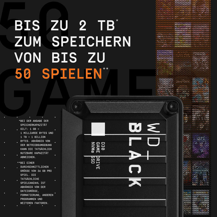 WD_BLACK D30 Game Drive SSD 500 GB (Übertragung mit 900 MB/s, USB Typ-C zu Typ-A Kabel) kompatibel m