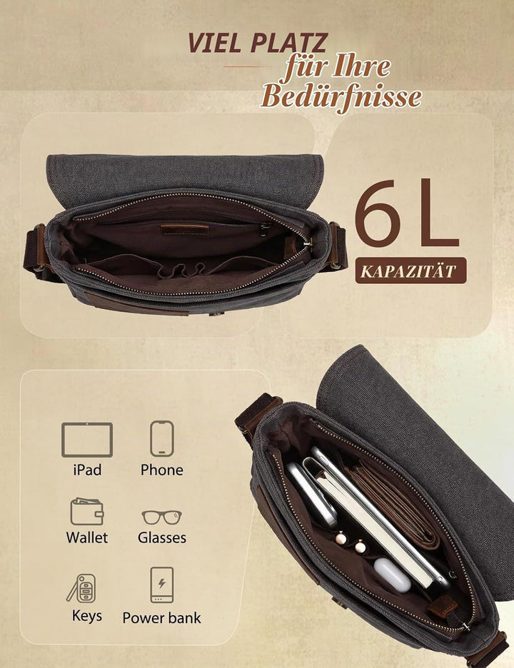 VASCHY Klein Umhängetasche Herren, Vintage Leinwand Herrentasche Echtes Leder Schultertasche Klassis