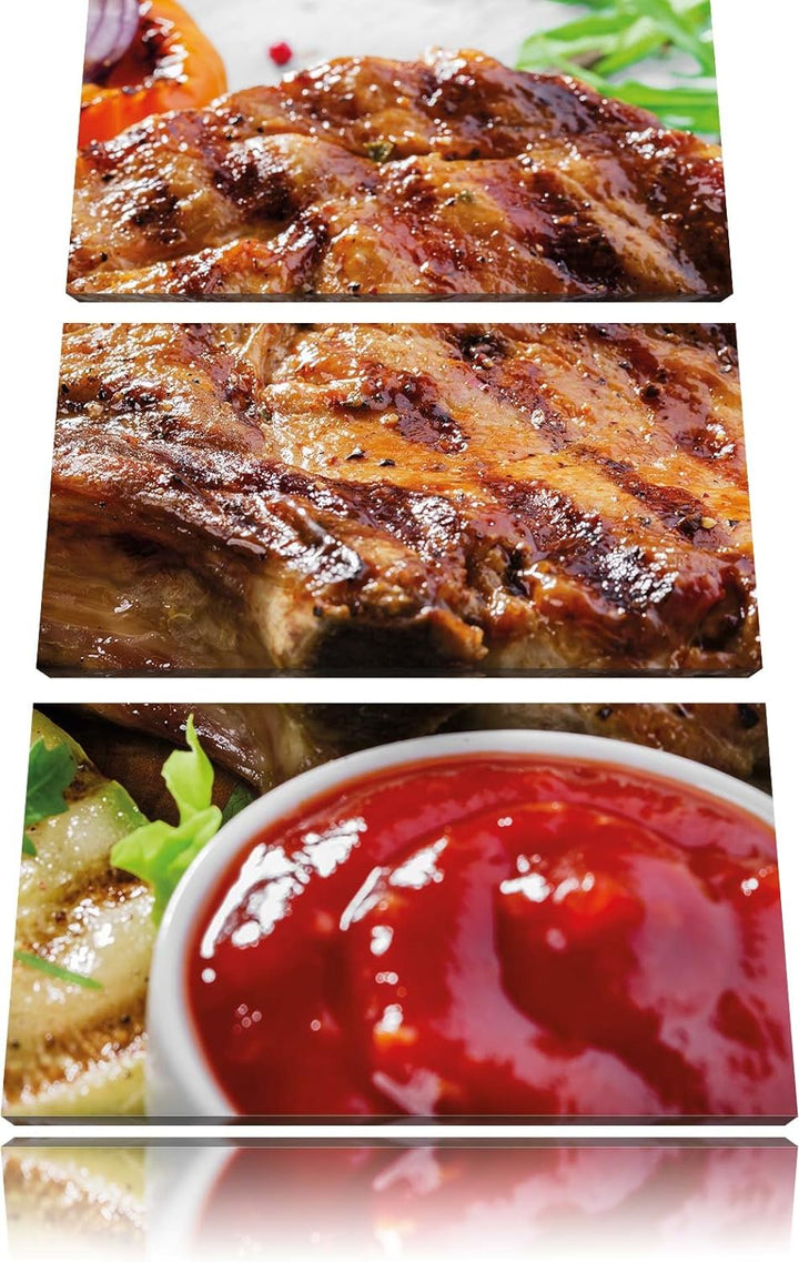 Pixxprint Gegrilltes Steak als Leinwandbild/Grösse: 3 Teilig (120x80) cm/Wandbild/Kunstdruck/fertig