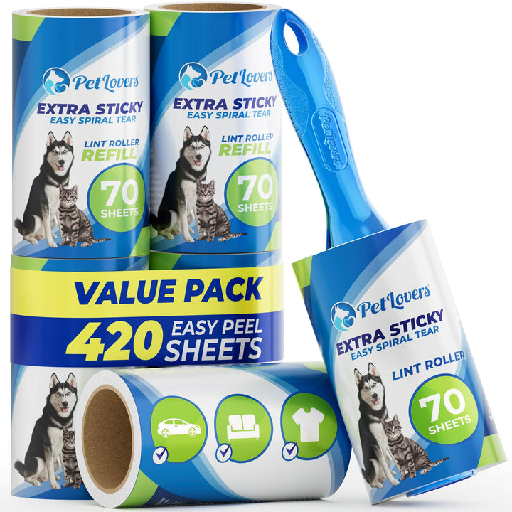 PetLovers Fusselrolle Tierhaare Extra klebrig 420 Blatt – Fusselrasierer Tierhaarentferner für Kleid