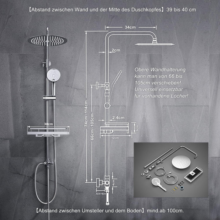 JOHO Edelstahl Regenduschset Duschsystem ohne Armatur, Duschset Duschstange mit Ablage Chrom(Kopfbra