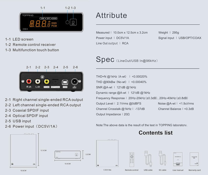 Topping E30 II lite DAC-Vorverstärker – AK4493S Hi-Res XMOS XU208 DAC 32 Bit/768 kHz DSD512 DSD Dire