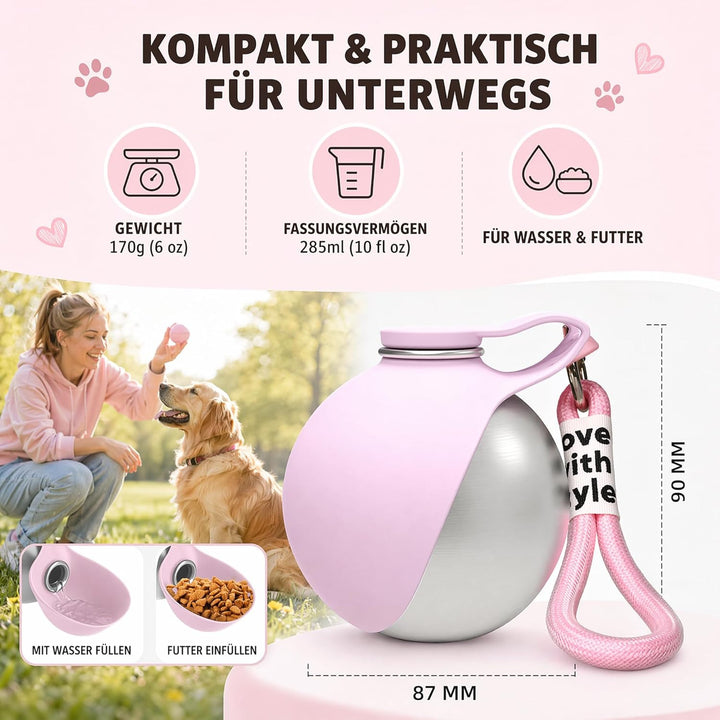 Tragbare Trinkflasche Hunde für Unterwegs, 285ml Edelstahl Hundetrinkflasche mit Faltbarem Silikonna