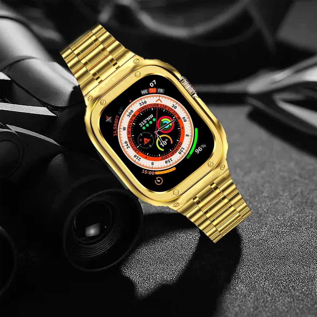 MioHHR Metallbänder mit Gehäuse kompatibel für Apple Watch Band 49 mm, stossfestes Edelstahlgehäuse