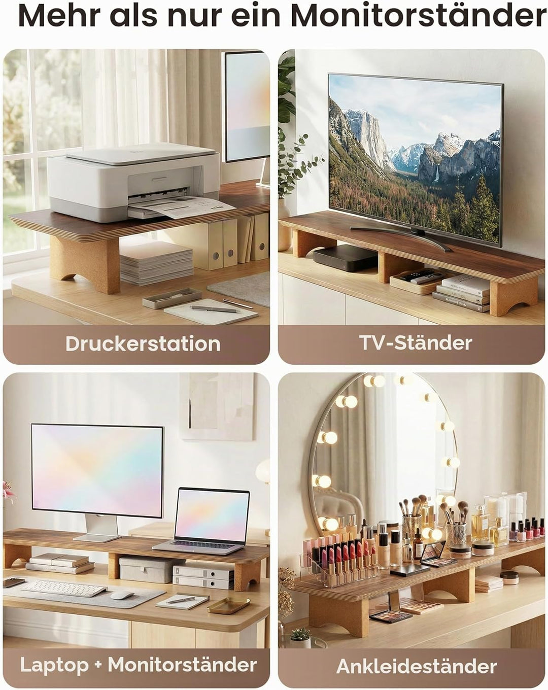 Aothia Grosser Monitor-Ständer für Computerbildschirme,Holz-Riser mit nachhaltigen Korkblockbeinen f