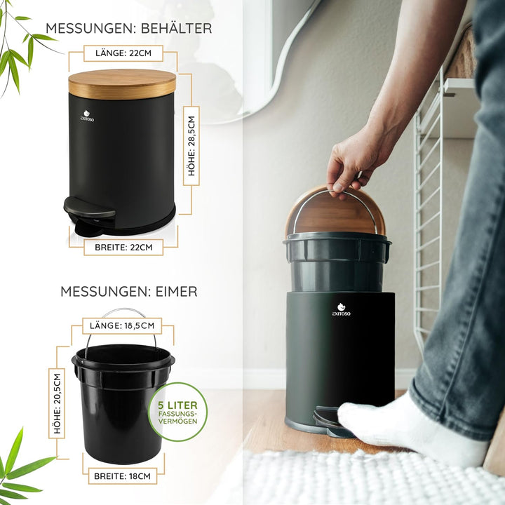 Exitoso 5L Mülleimer Bad Schwarz - Kosmetikeimer mit Bambus-Holzdeckel und Absenkautomatik - mit Rut