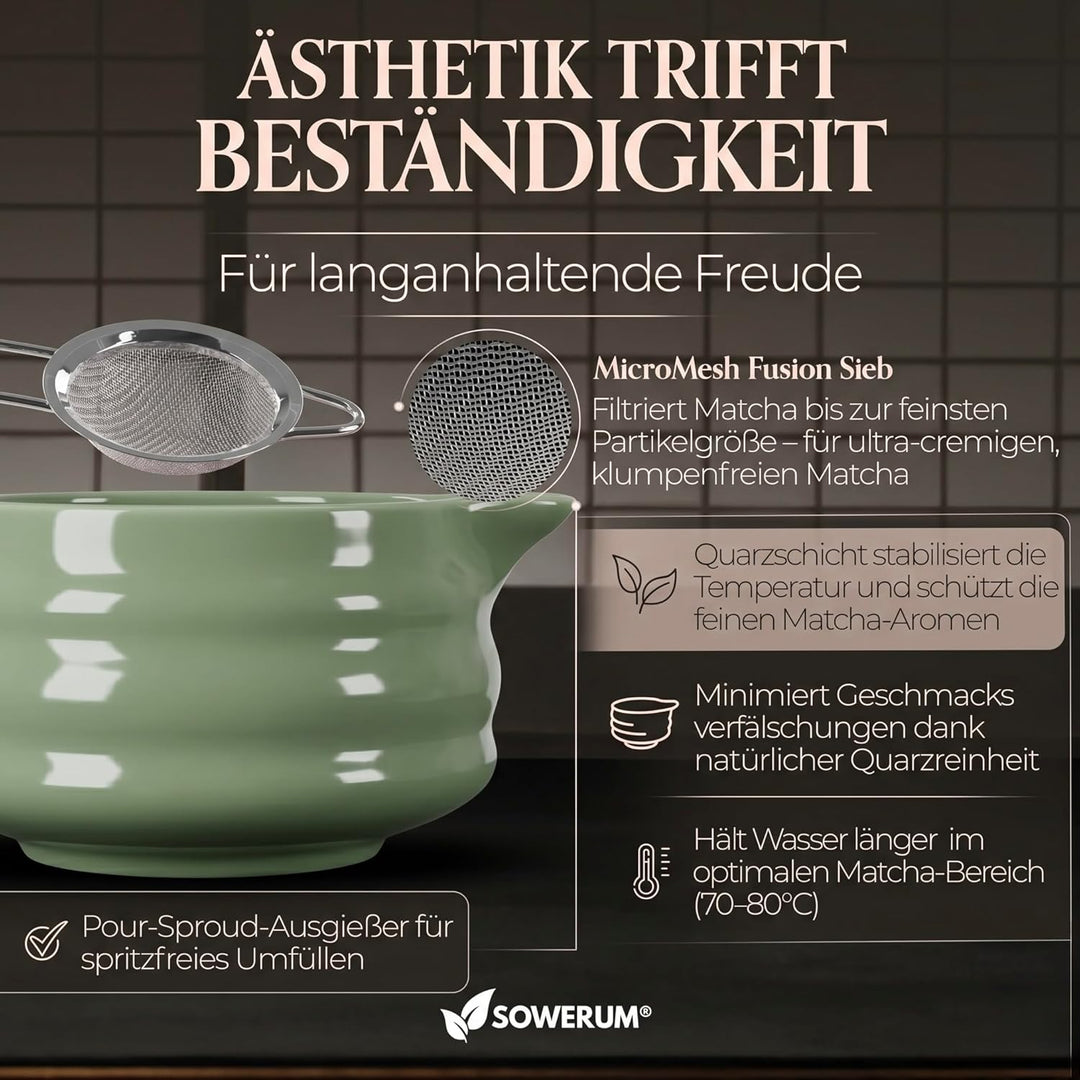 Matcha Set 5-teilig – Matcha Zeremonie Set mit Schale, Bambusbesen, Halter, Sieb & Löffel – Japanisc